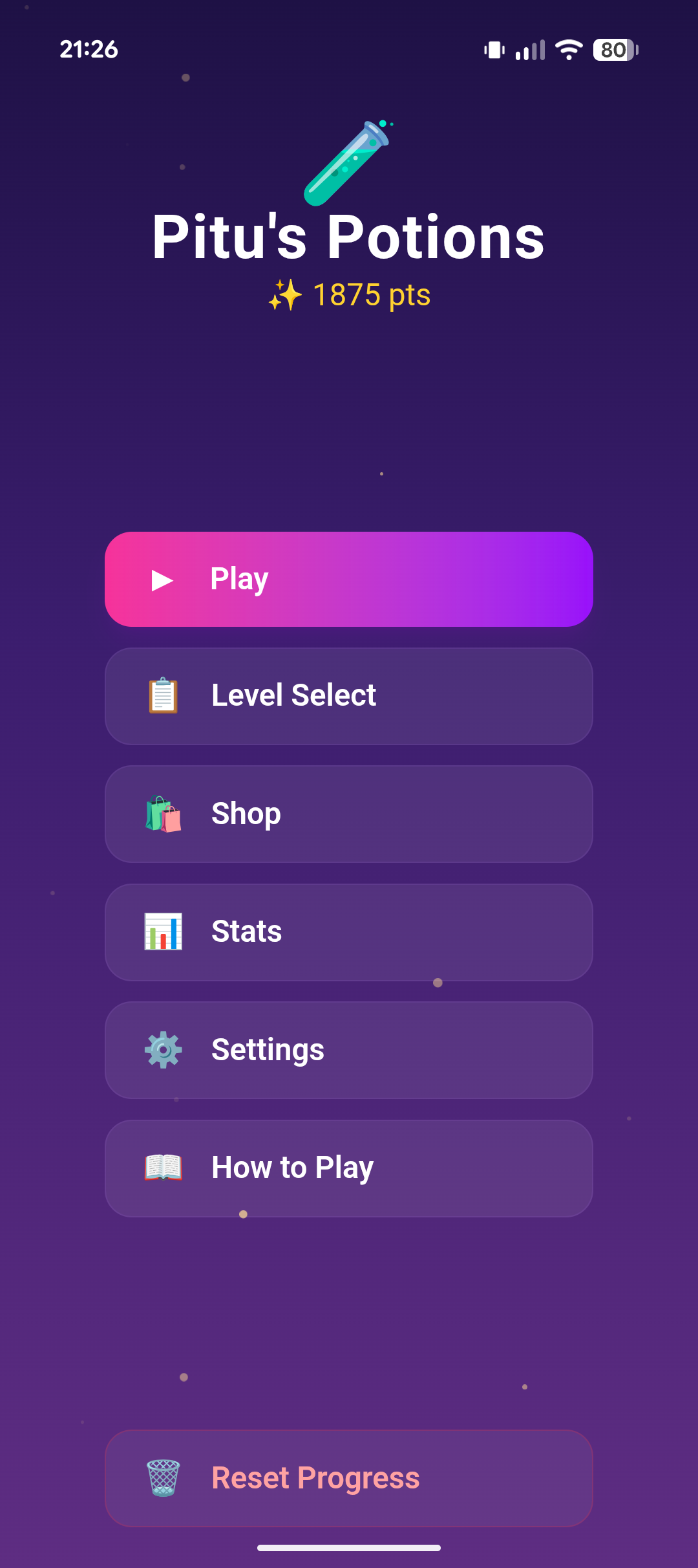 Pitu's Potions home screen